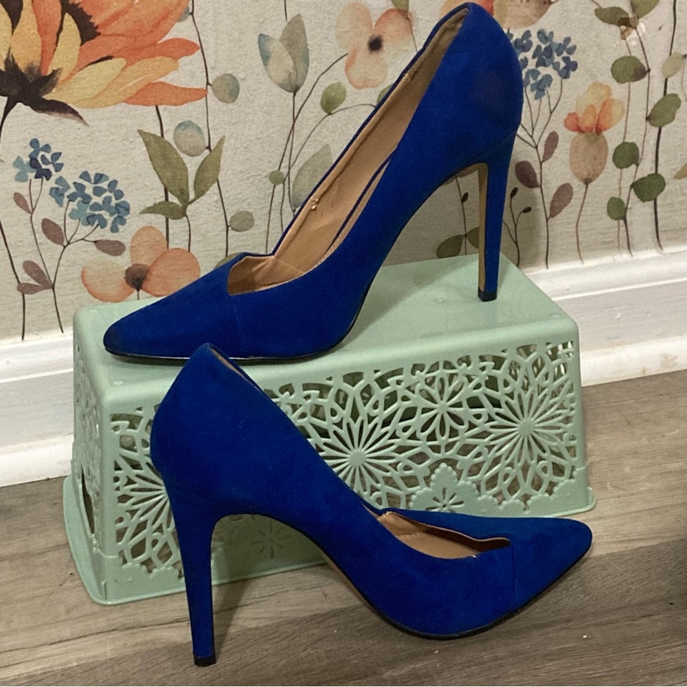 🌸 Sz 8 Express Royal Blue Faux Suede Pointed Toe Stiletto Heels - Picture 3 of 7